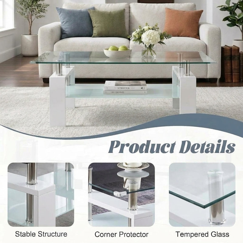 Ensemble de 2 tables basses modernes en verre, rangement à 2 niveaux, plateau en verre trempé, structure en métal, Blanc