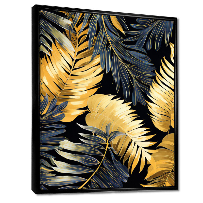 Doré et bleu feuilles de palmier glamour - feuilles, art mural salon, Toile avec cadre flottant noir