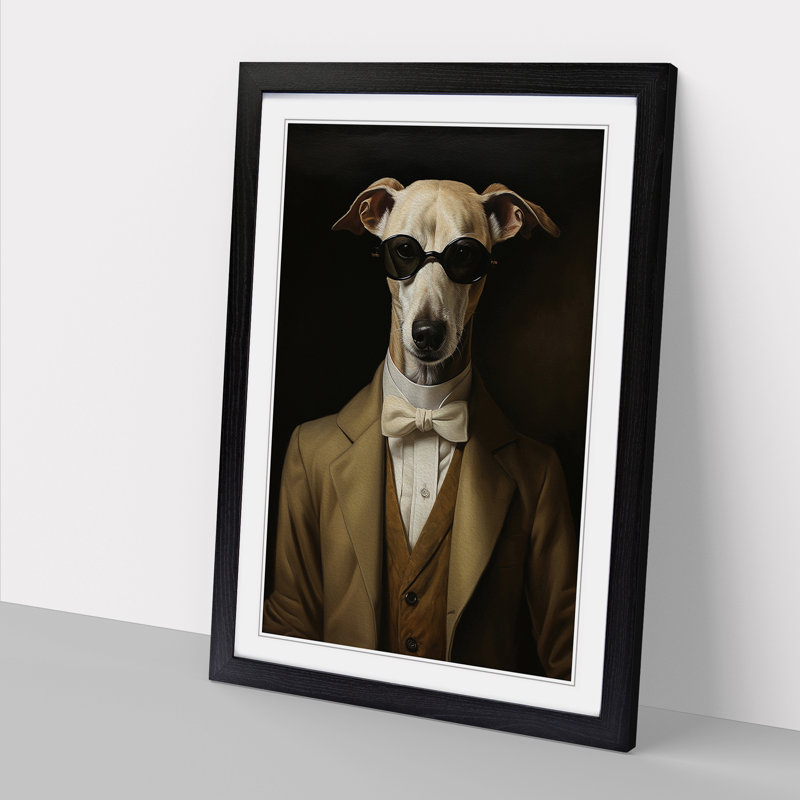 Whippet Classicism - Single Picture Frame Print on Wood, Black, 46cm H x 34cm W x 2cm D