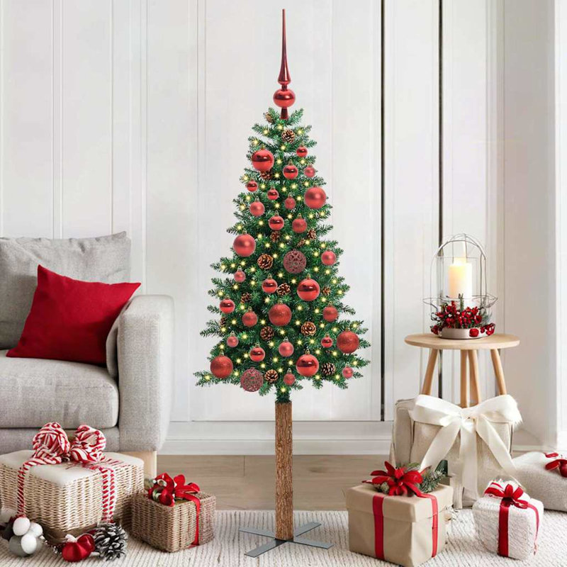 Slim Christmas Tree PVC and Solid Pine wood, 4.92' H, Red