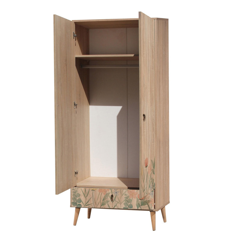 Modern Wardrobe with Wooden Legs, 31.5 x 75.0 x 17.7 inches | 100% Melamine Coated Particle Board, UV Digital Printing | Features Numerous Shelves, Wall-Mountable, Stylish Flower Design for Extra Storage