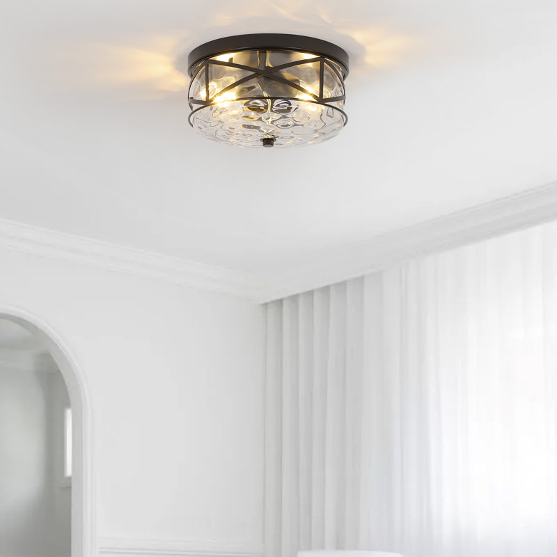 Alixandra 2-Light Flush Mount Glass Ceiling Light with Metal Frame, Matte Black, 10" L x 10" W x 5" H