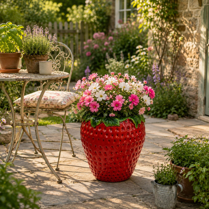 Pot de fleurs en forme de fraise, fini décoratif brillant