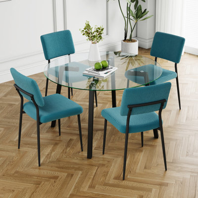 Modern Simple Table With A Glass Table And Four Chairs. Transparent Tempered Glass Countertop, Black Metal Legs, Suitable For Kitchen Living Room Dining Room (Set Of 5)