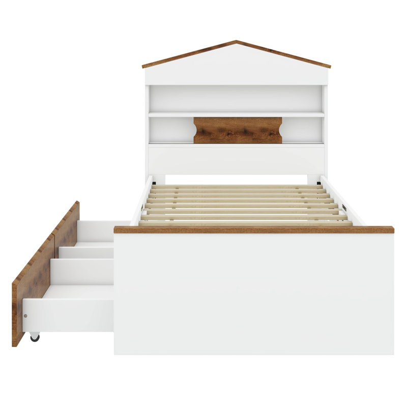 Lit simple en bois en forme de maison avec deux tiroirs de rangement intégrés, Brun / Blanc