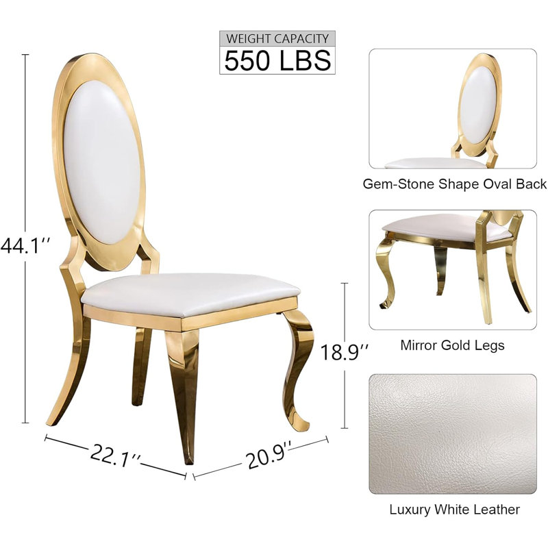 Mid Century Modern White Leather And Gold Dining Chairs With Cabriole Legs, 4