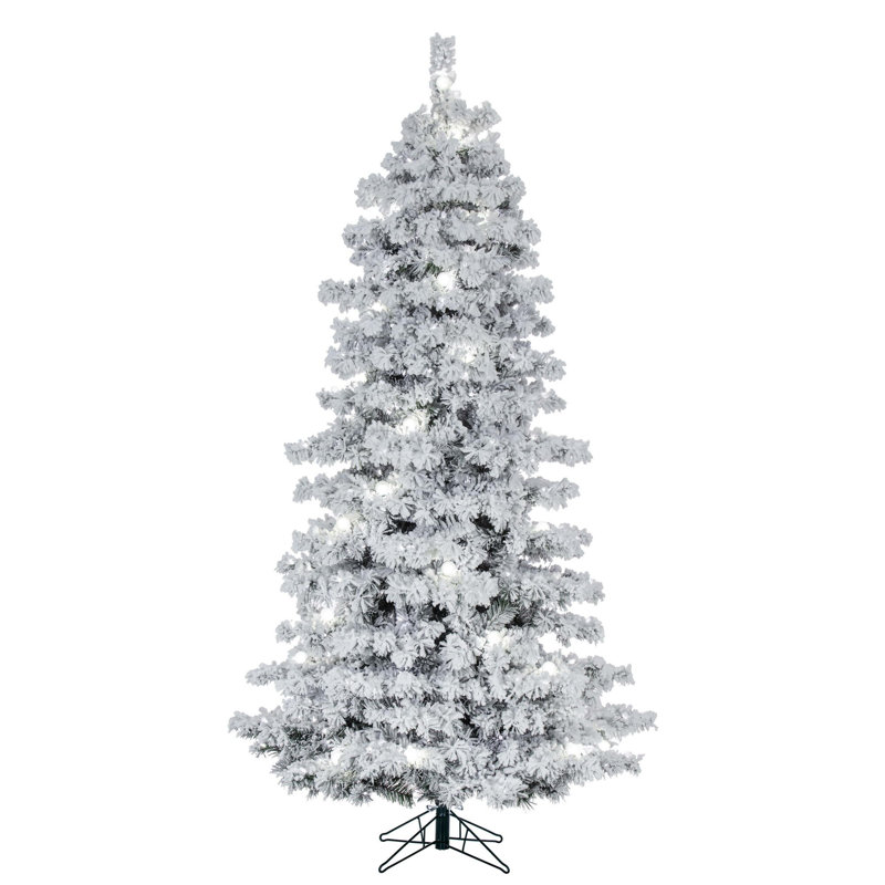Vickerman 7.5' x 48" Flocked Slim Alaskan Artificial Unlit Christmas Tree with 1088 FlockedClassic PVC Tipsand Folding Metal Tree Stand. Assembly is required.
