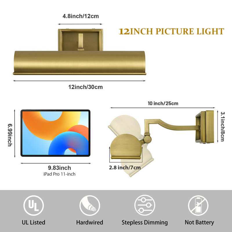 2 - Light 12" Dimmable Wall Mounted Sconce Picture Light, Brushed Brass