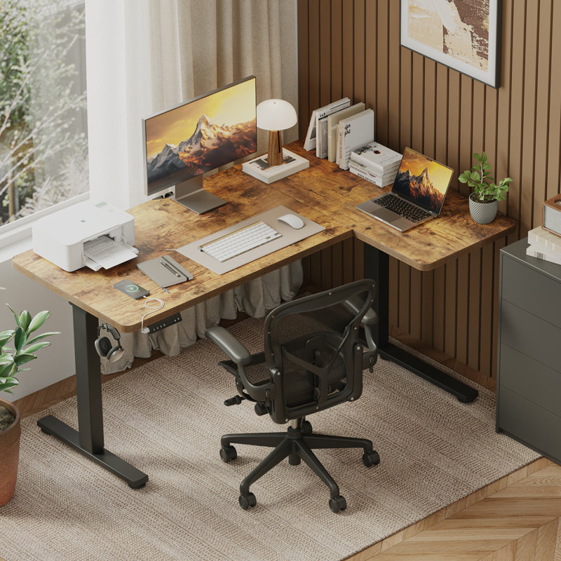 63" Dual Motor L Shaped Electric Height Adjustable Standing Desk, 63" W x 43.31" D, Rustic Brown/Black