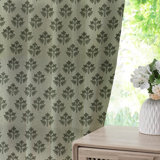 Fabdivine Thick Linen Two-Side Panel Curtain 27x36 Inches with Floral Block Print, Farmhouse Gray Pleated Pinch Drape for Living Room, Kitchen, Office, or Patio Blackout for Room Darkening, Chahat