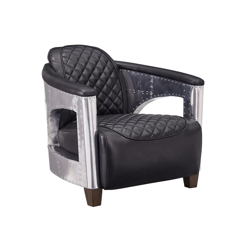 Full Grain Genuine Leather Accent Arm Chair with Nailhead Trim , Black