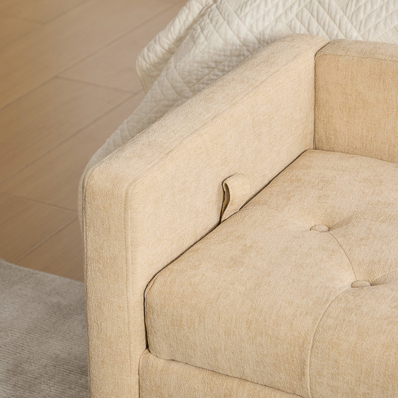 Banc de rangement rembourré en chenille avec dossier capitonné et accoudoirs, Wheat, Wheat