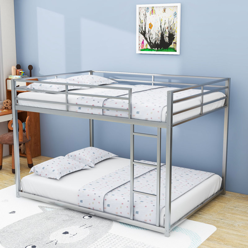 Full Over Full Metal Bunk Bed With Built-In Ladder And Full-Length Guardrails, Silver