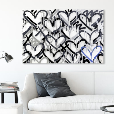 Corey Paige - cœurs gris avec accent bleu sur toile