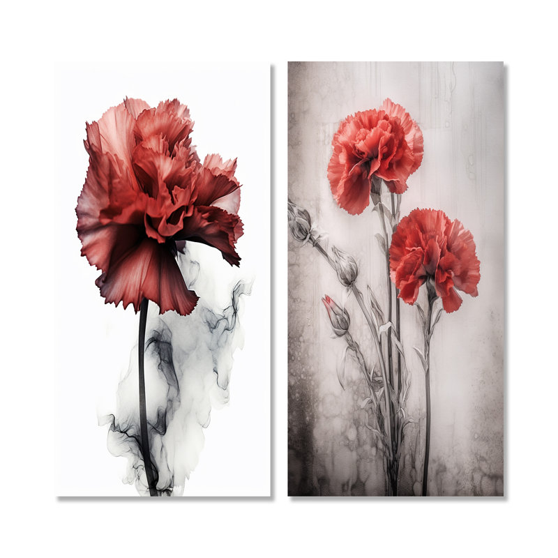 Oeillet rouge sur encre liquide monochrome - œillets, ensemble de 2 reproductions d'art en métal, H 28 po x l 24 po
