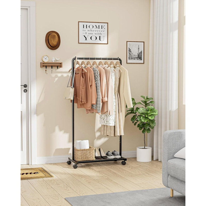 Portant à vêtements - Portant à vêtements avec tablette en filet et roulettes, support à vêtements en métal robuste pour suspendre vêtements, robes, manteaux, grande capacité de charge, assemblage facile, noir
