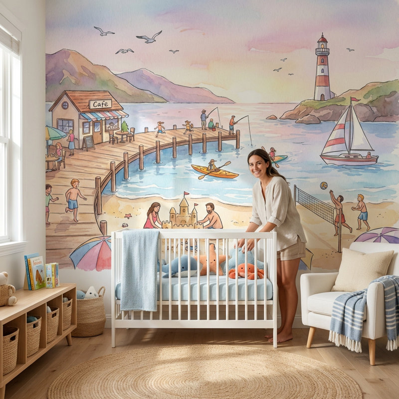 Beach Wallpaper Lighthouse Pier Removable Wall Decor, 120"x96", Non-Woven Nonpasted