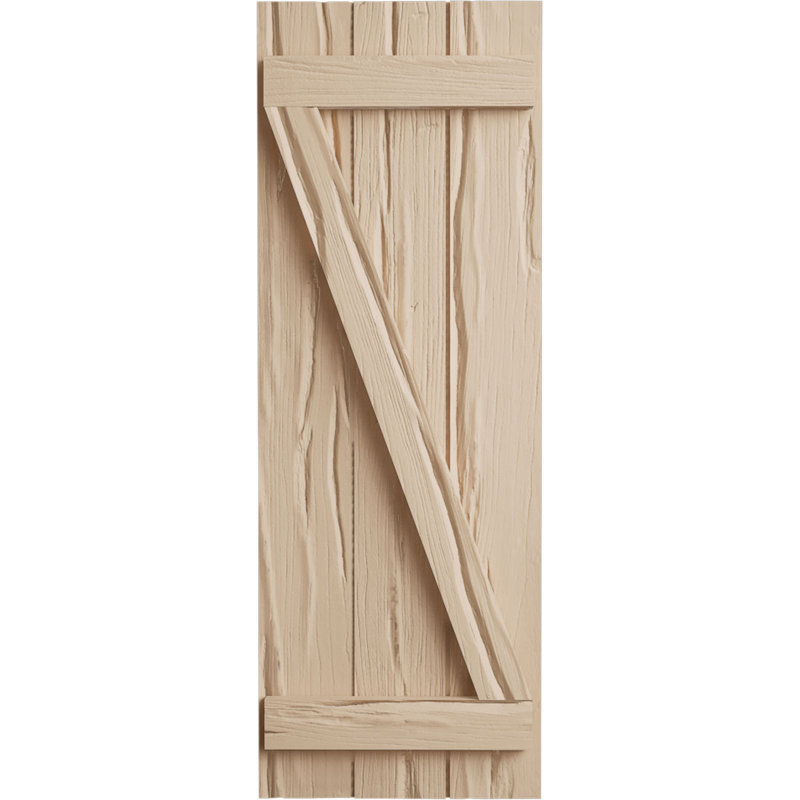 Volets en faux bois avec planche en Z, Texture Riverwood / brun clair apprêté, 16", H 32 po x l 16,5 po x P 1 po