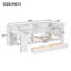 Lit plateforme simple avec tablettes de rangement, tiroirs, station de charge, lumières DEL, bureau intégré et tête de lit tapissier, coussin blanc et beige-731252353-731252352