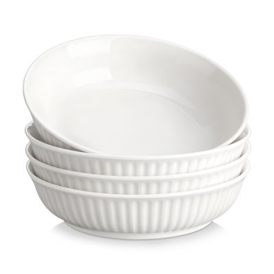 4 Pieces Ceramic Dinnerware Set, Soup Plates, White Poreclain, Embossed Design around Edge, Service For 4 People, 900ML