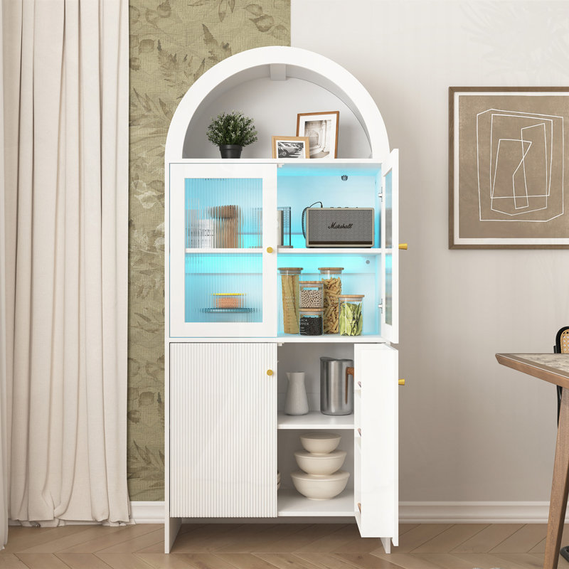 Armoire de rangement arquée avec éclairage DEL, Blanc / Doré