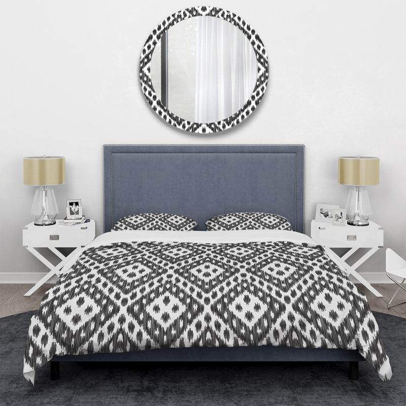Motif ikat blanc et gris - ensemble de housse de couette abstrait - microfibre de polyester