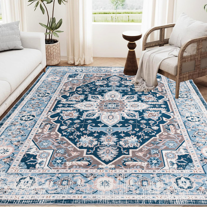 Tapis rétro 8 x 10, lavable antidérapant pour la décoration intérieure, motif de fleurs bleues, grand tapis de style rétro 8 x 10, décoration, chambre à coucher, motif,