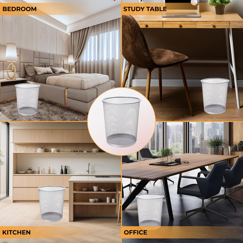 Bensonhurst Silver Round Metal Mesh Open Waste Paper Bin Lightweight Circular Mesh Trash Can (12L)
