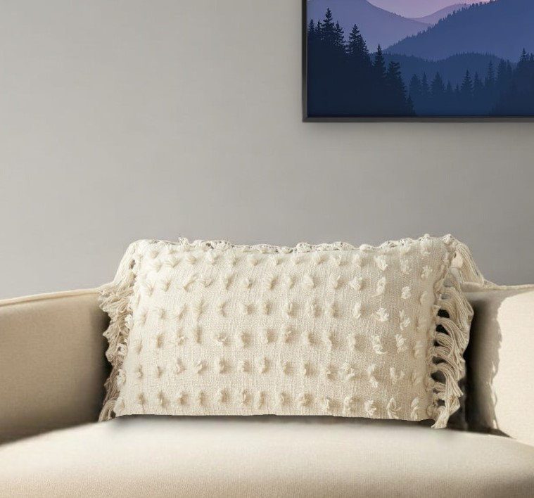 Tassel Detailed Throw Pillow, Cream, 5" H x 20" W x 14" D