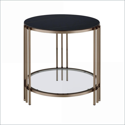 Table basse moderne en pierre frittée moderne avec structure en métal champagne - durable et peu encombrante