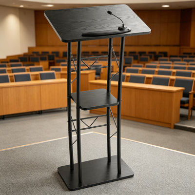 47-Inch Metal Lectern Podium Stand, Curved Standing Podium With Wide Reading Surface, Open Storage Compartment, Book Stopper, Cup Holder, For Classroom, Wedding, Conference, Speech, And Concert