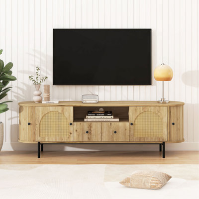 Meuble télé de style américain U-Can avec portes arquées en rotin, tiroirs, rangement dissimulé, pieds en acier, coins arrondis