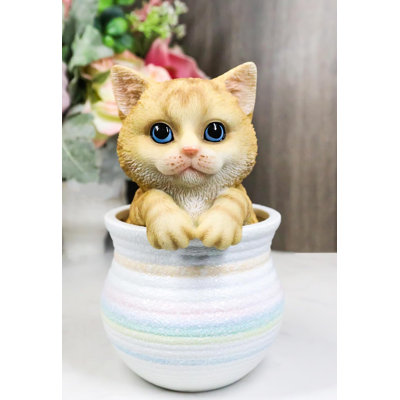 Lifelike Feline Kitty Orange Tabby Cat Blue Eyes In Pastel Artsy Pot Figurine
