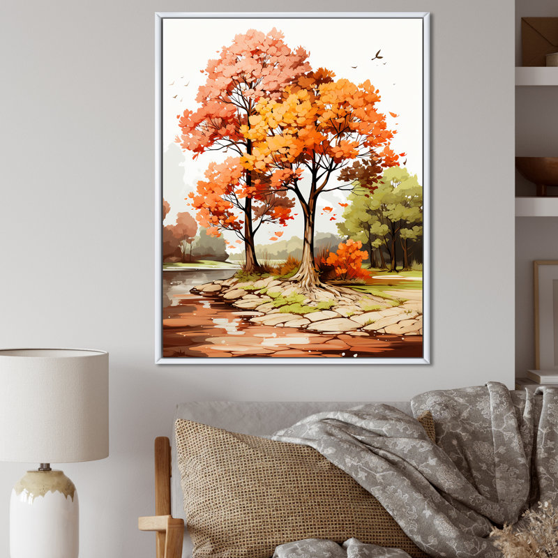 " Two Orange Trees In Autum Watervolor ", White Floater Framed, 40" H x 30" W x 1.5" D
