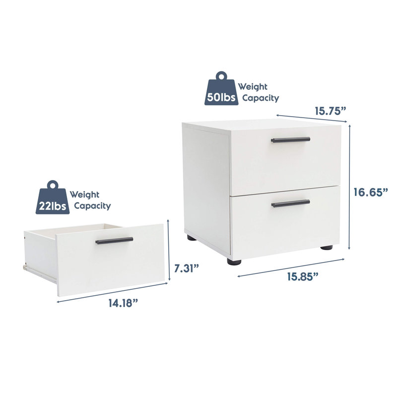 White Chipboard 2-Drawer Nightstand with Black Handles