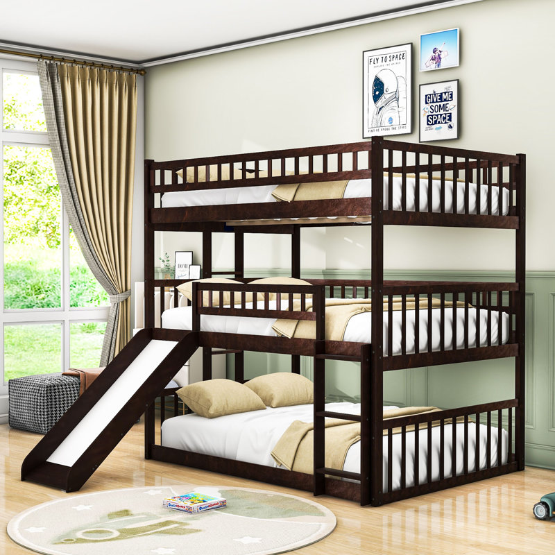 Heidelind Full Over Full Over Full Wooden Triple Bed with Ladder and Slide, Espresso