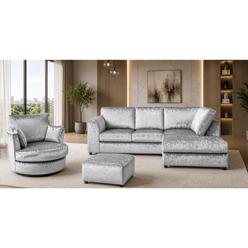 4 Seater Velvet Sofa & Chaise, Left Hand Facing, Silver