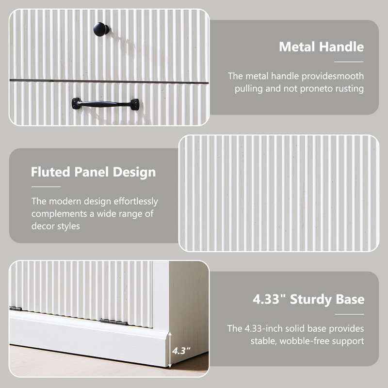 Modern Tilt-out Laundry Hamper Cabinet with Drawers, Fluted Laundry Storage Basket for Bathroom, White, Double Door