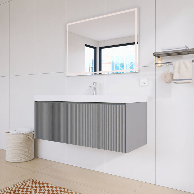 Meuble-lavabo flottant 48 po avec comptoir en acrylique 48 po | Armoire en bois cannelée, Gris clair, 48"