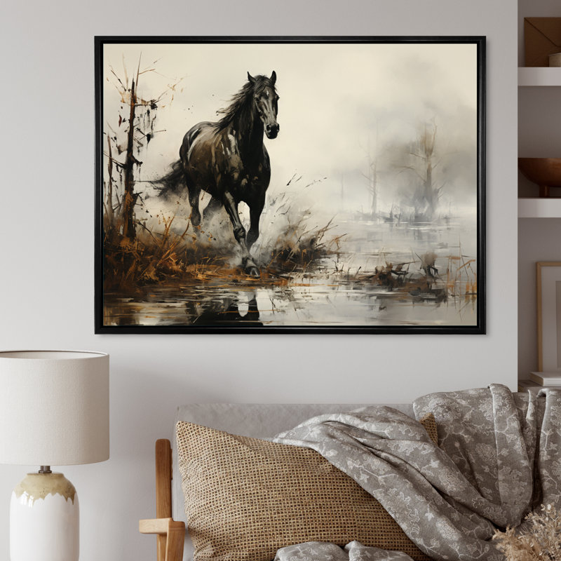 «Grey Horse Misty Morning Canter II», art mural cheval, H 30 po x l 40 po x P 1,5 po, Cadre flottant noir