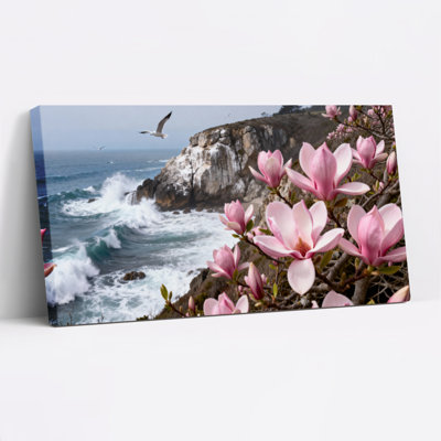 Pink Magnolia Flowers And Ocean Waves Canvas Wrapped Wall Art Oil Painting Print Set Of 1