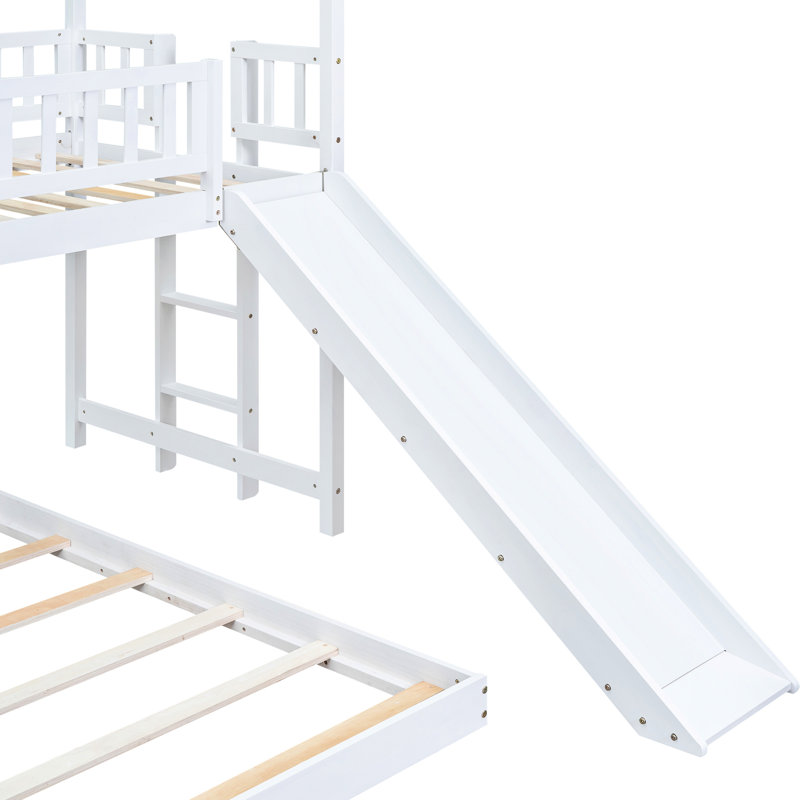 Lit superposé simple au-dessus d'un lit double avec glissière, blanc, garde-corps double, glissade de construction résiliente, construction stable, utilisation à long terme, garde-corps