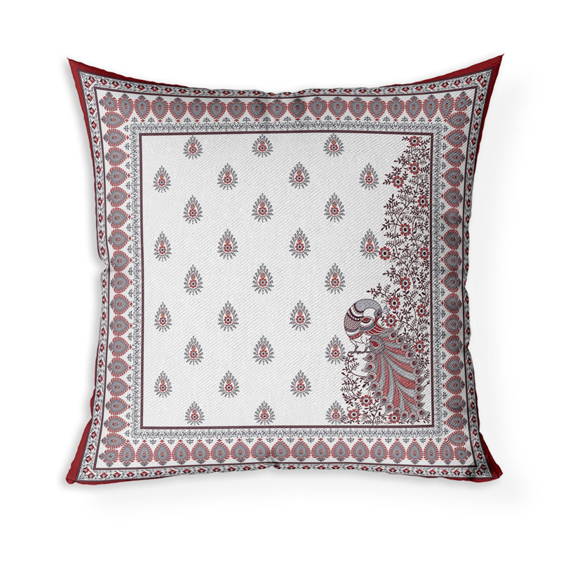 Coussin décoratif intérieur / extérieur Indian Gardenia, H 16 po x l 16 po, Blanc/rouge
