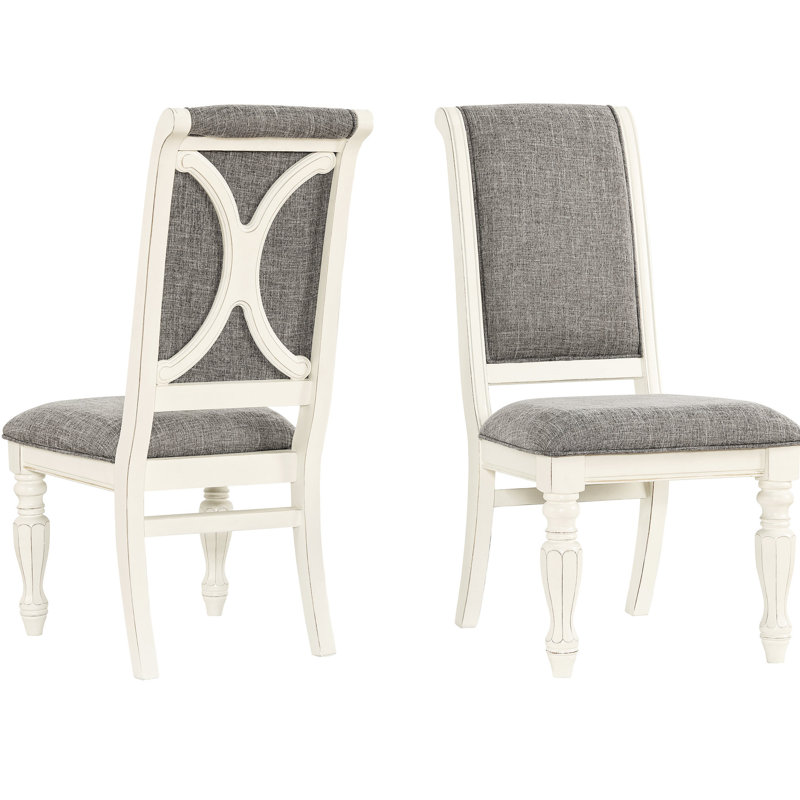 Chaise de salle à manger en bois massif (2) - Finition blanc antique, revêtement gris, rembourrage en mousse épaisse, pieds de style français, chaises à dossier haut élégantes et relaxantes