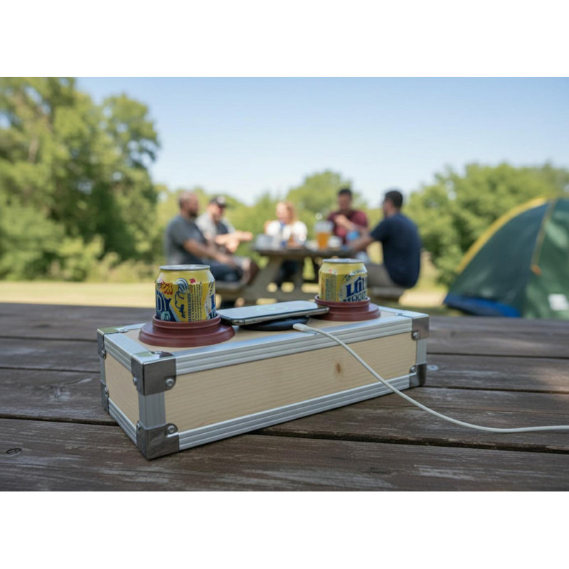 Organisateur de table de camping pour l'extérieur avec deux porte-gobelets en polyuréthane isolants et une station de recharge sans fil
