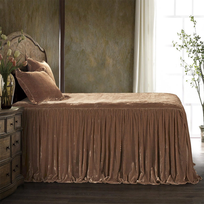 Stella Faux Silk Velvet Romantic Western Ruffle Skirt Bedspread Set, Queen Bedspread + 2 Standard Shams, Dusty Rose