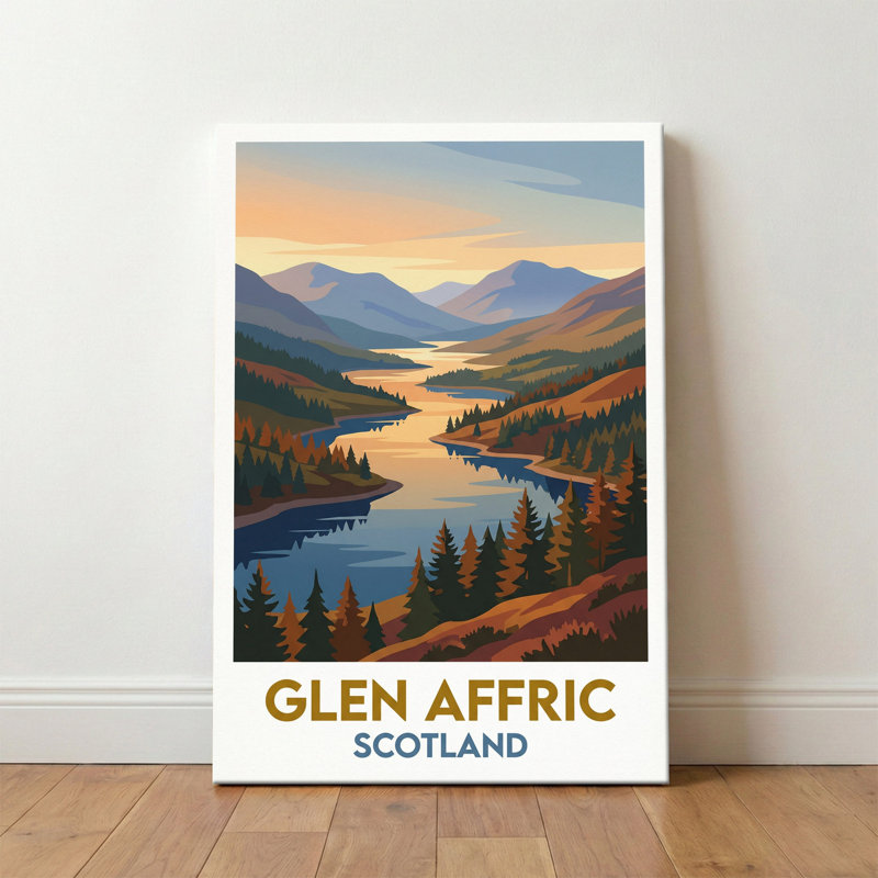 Glen Affric, Scotland - Highland Romance Travel Poster: Misty Glens and Golden Lochs. Giclee Print on Wrapped Canvas. Wall Art, Home Decor - Regions & Scenic Areas, Scotland 1 Piece Wrapped Canvas Wall Art