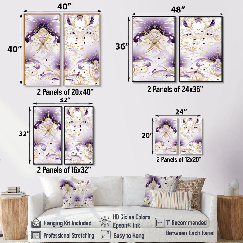Damas mauve et blanc, motif Art déco - Damask, 36" H x 48" W, Impression encadrée flottante, Gold