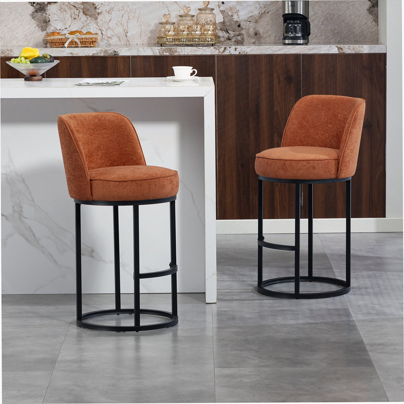 Counter Height Bar Stools Set Of 2, Modern Barrel Design With Backrest, Linen Fabric Upholstered For Kitchen Island, Orange