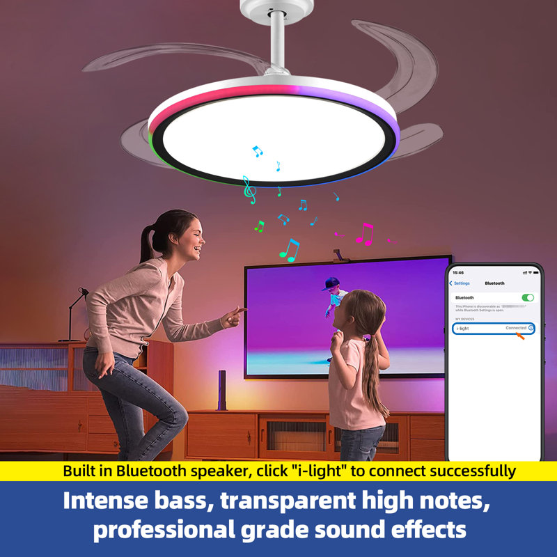 42-inch Smart Retractable Ceiling Fan Light Breathtaking lighting effects, full-color RGB dimming strip with memory function, Bluetooth speaker, and convenient control via app or remote. Features a 6-speed reversible fan for quiet, tech-powered cooling